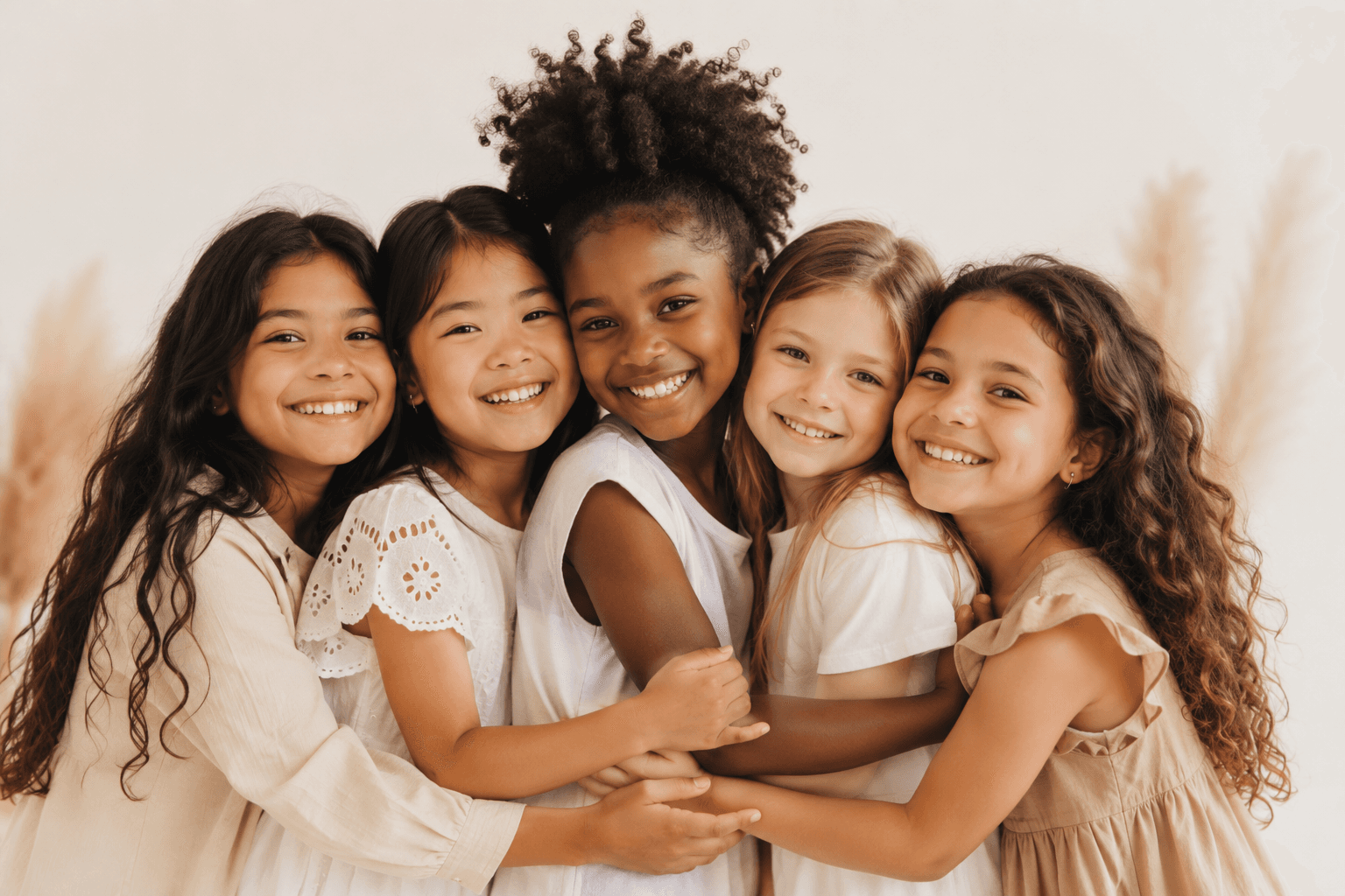 Diverse group of smiling children standing together outdoors at golden hour
